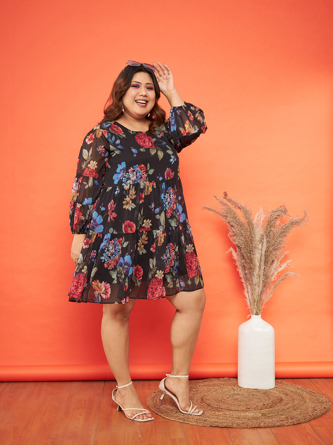 Black Floral Raglan Sleeves Tiered Dress-SASSAFRAS Curve