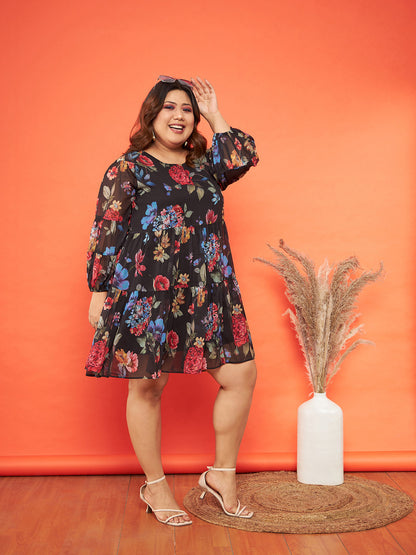 Black Floral Raglan Sleeves Tiered Dress-SASSAFRAS Curve