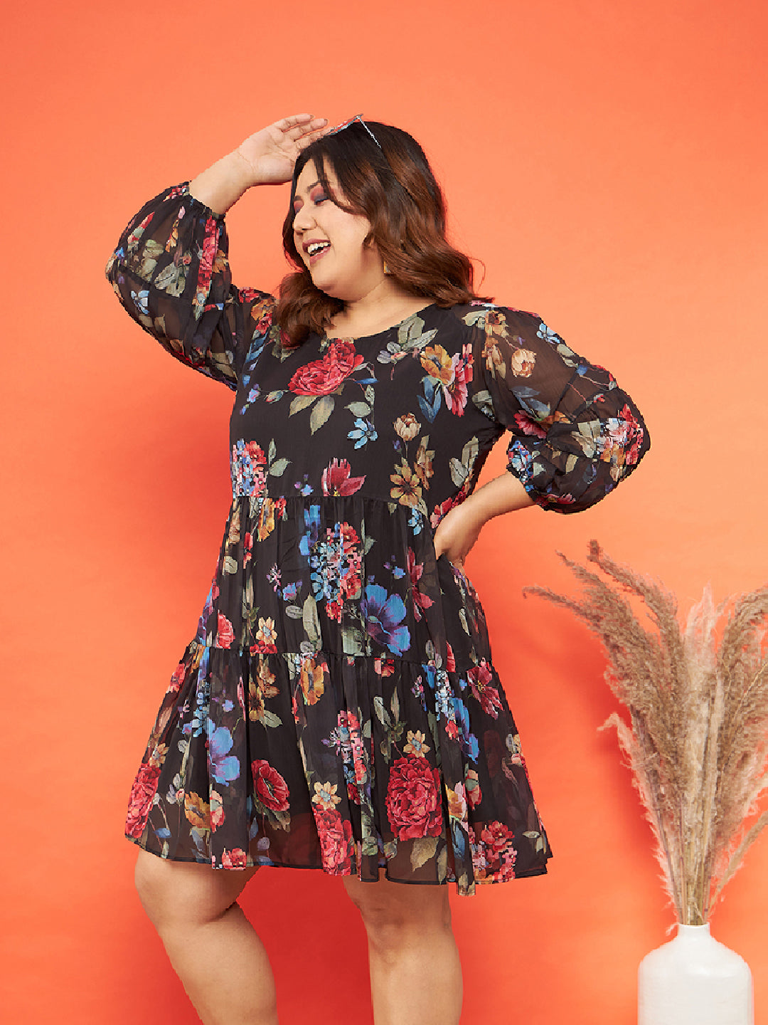 Black Floral Raglan Sleeves Tiered Dress-SASSAFRAS Curve