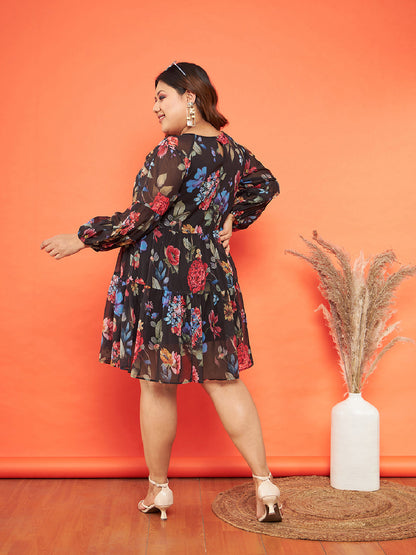 Black Floral Raglan Sleeves Tiered Dress-SASSAFRAS Curve