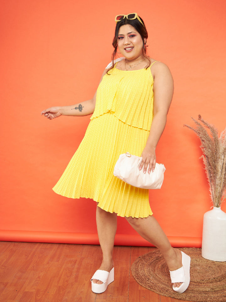 Yellow Polka Dot Accordion Pleated Layered Dress-SASSAFRAS Curve