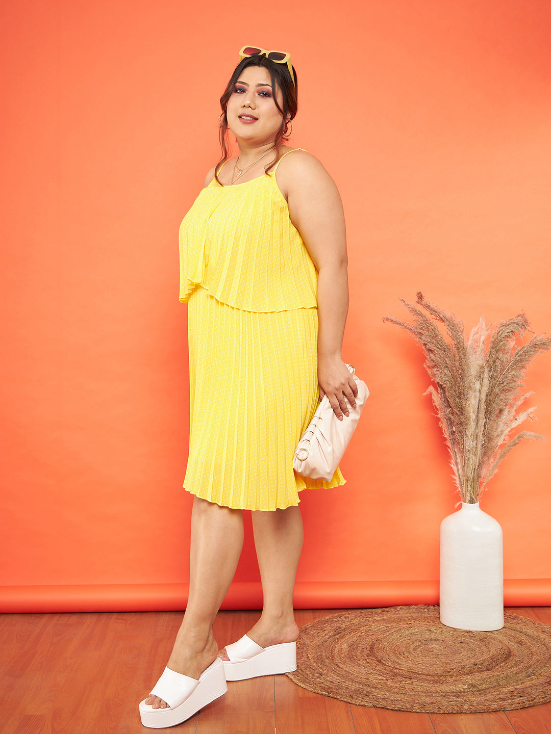Yellow Polka Dot Accordion Pleated Layered Dress-SASSAFRAS Curve