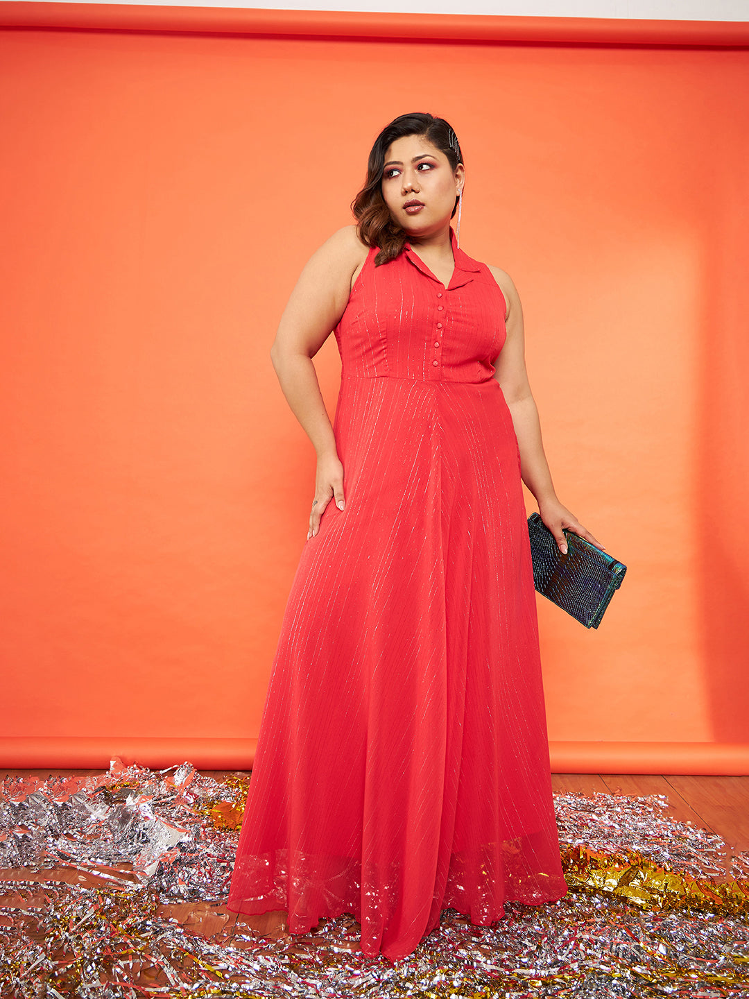 Red Chiffon Lurex Notched Collar Maxi Dress