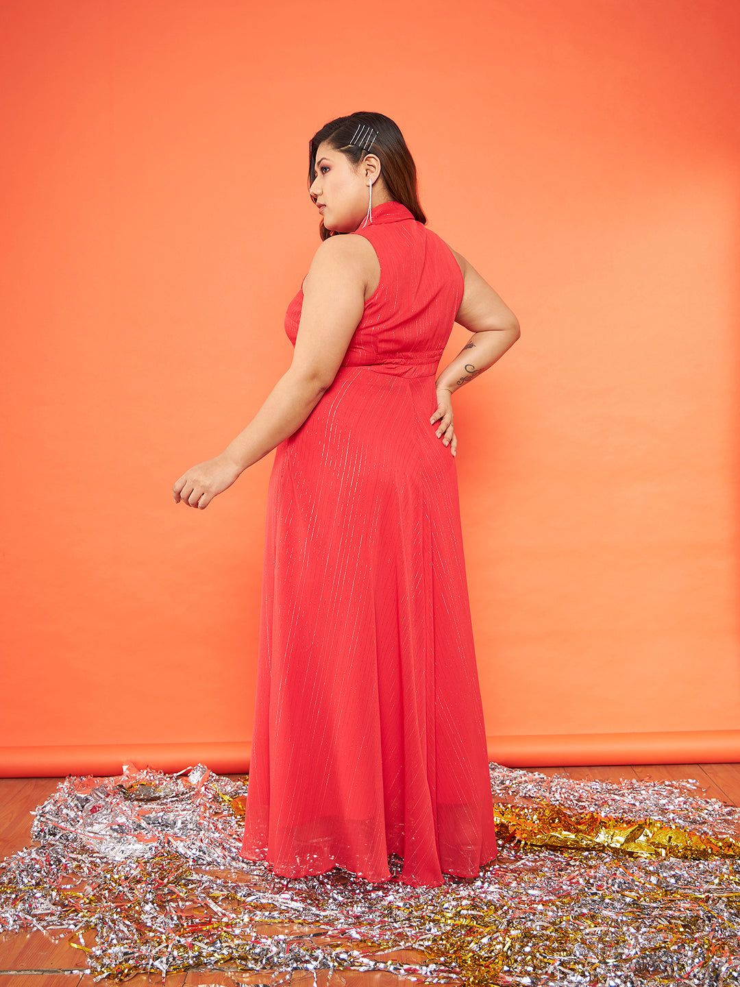 Red Chiffon Lurex Notched Collar Maxi Dress