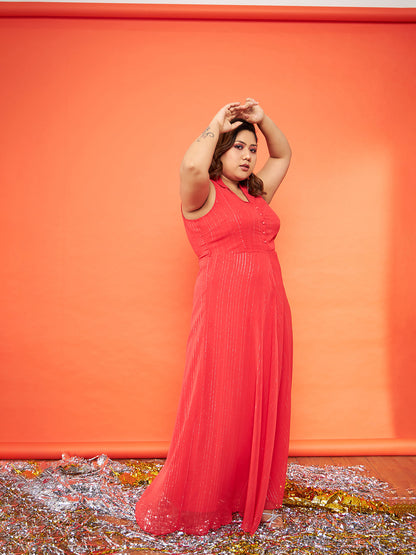 Red Chiffon Lurex Notched Collar Maxi Dress