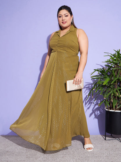 Green Chiffon Lurex Notched Collar Maxi Dress