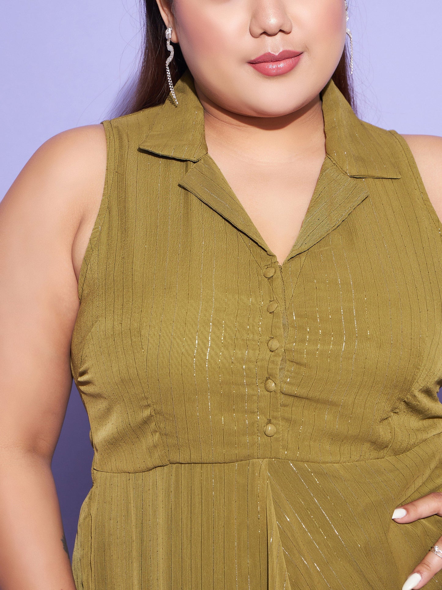 Green Chiffon Lurex Notched Collar Maxi Dress
