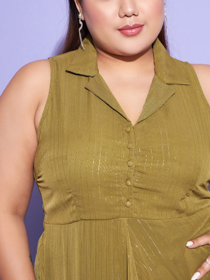 Green Chiffon Lurex Notched Collar Maxi Dress