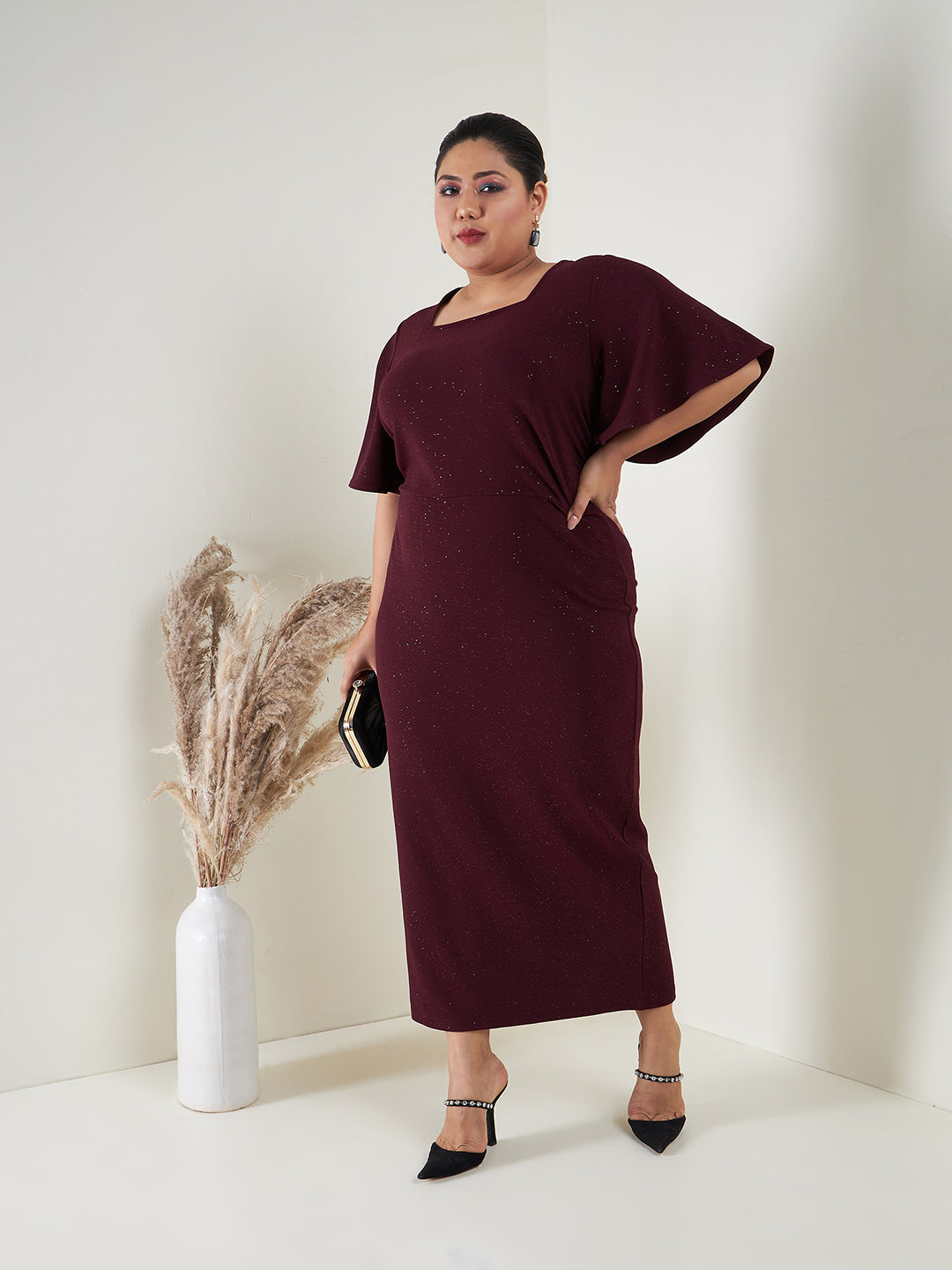 Burgundy Glitter Butterfly Sleeve Bodycon Ankle Dress