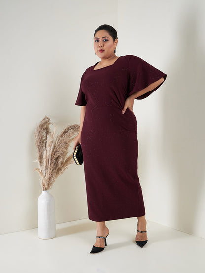 Burgundy Glitter Butterfly Sleeve Bodycon Ankle Dress