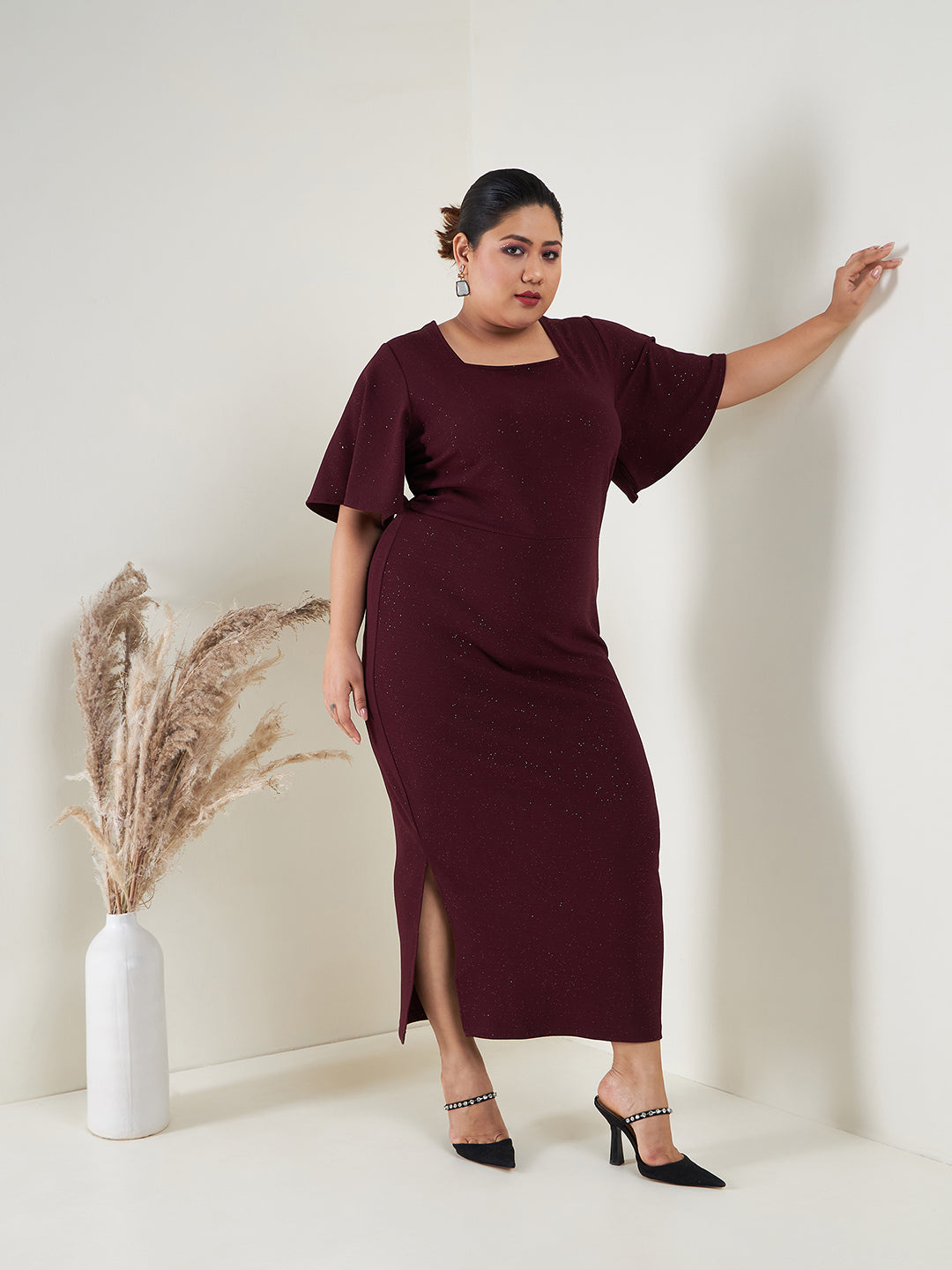 Burgundy Glitter Butterfly Sleeve Bodycon Ankle Dress