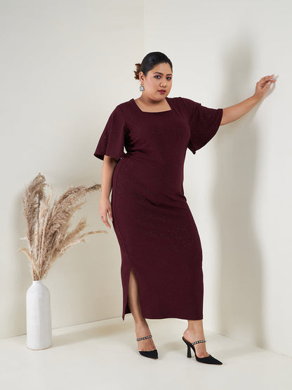 Burgundy Glitter Butterfly Sleeve Bodycon Ankle Dress