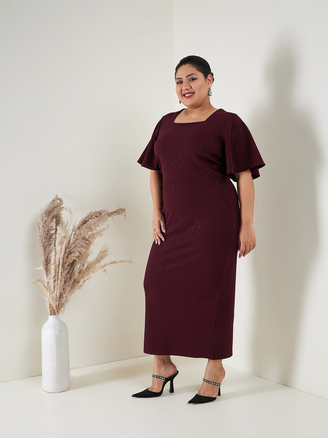 Burgundy Glitter Butterfly Sleeve Bodycon Ankle Dress