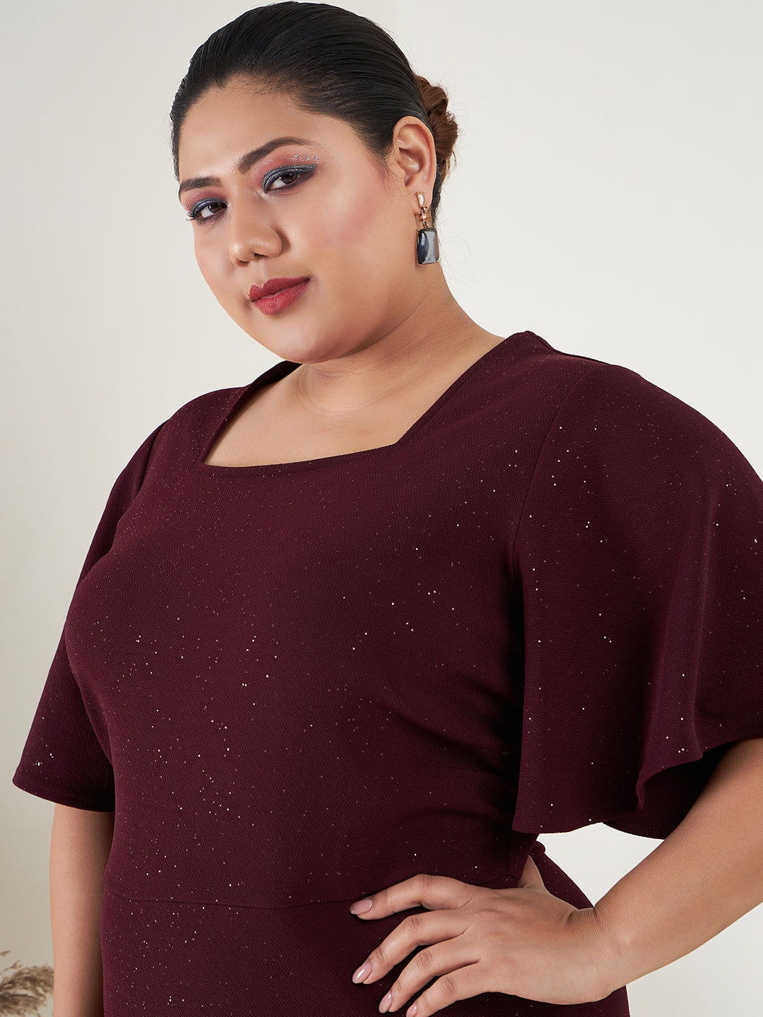Burgundy Glitter Butterfly Sleeve Bodycon Ankle Dress