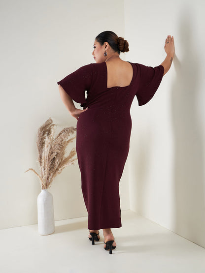 Burgundy Glitter Butterfly Sleeve Bodycon Ankle Dress