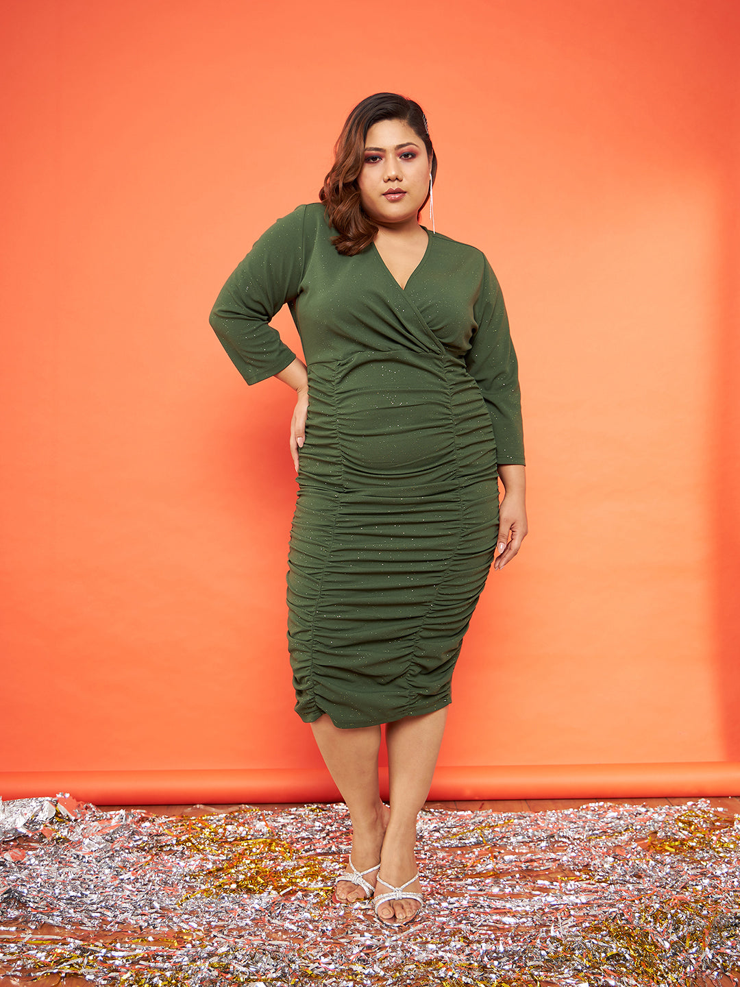Olive Glitter Ruched Bodycon Midi Dress-SASSAFRAS Curve