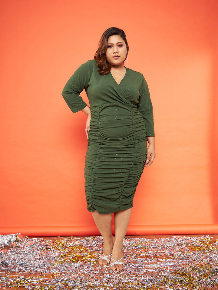 Olive Glitter Ruched Bodycon Midi Dress-SASSAFRAS Curve