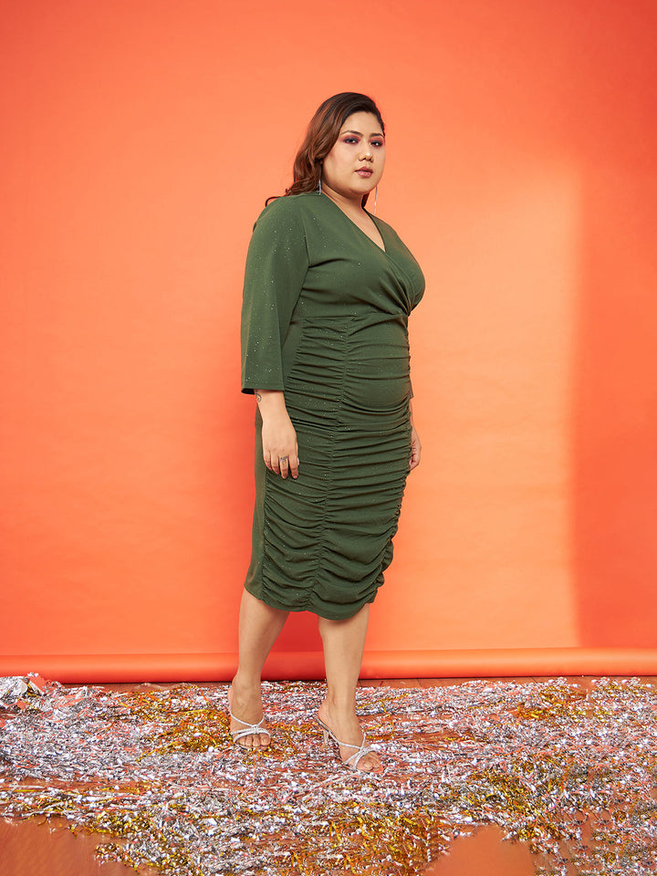 Olive Glitter Ruched Bodycon Midi Dress-SASSAFRAS Curve