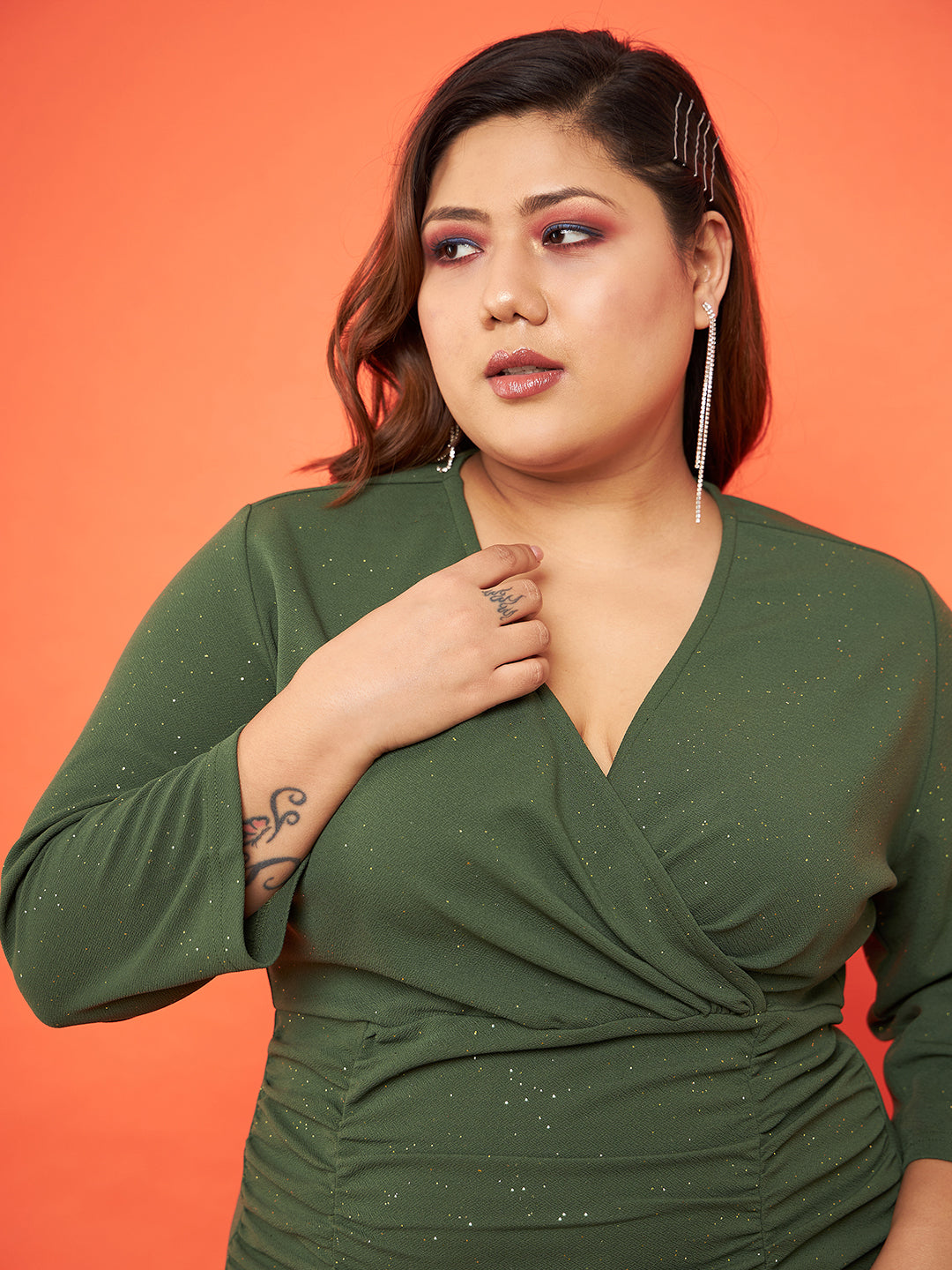 Olive Glitter Ruched Bodycon Midi Dress-SASSAFRAS Curve