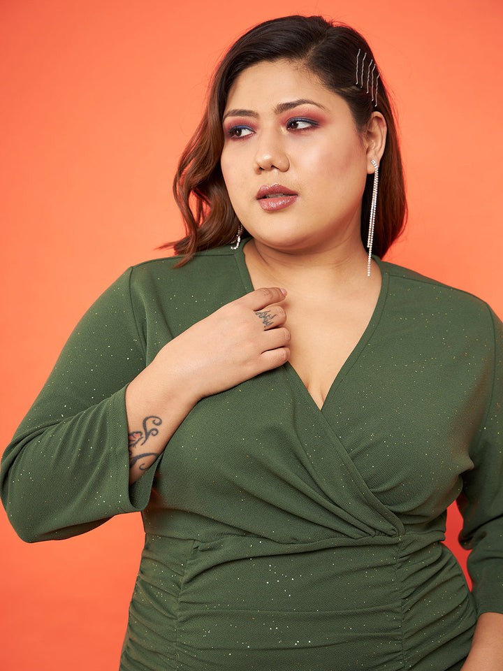 Olive Glitter Ruched Bodycon Midi Dress-SASSAFRAS Curve