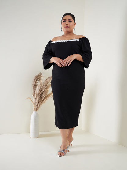 Black Glitter Off Shoulder Bodycon Midi Dress