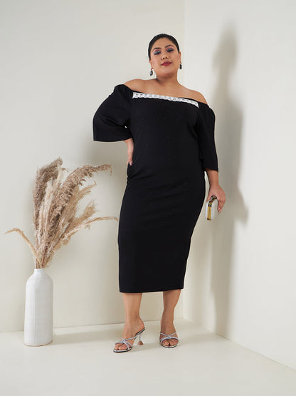 Black Glitter Off Shoulder Bodycon Midi Dress