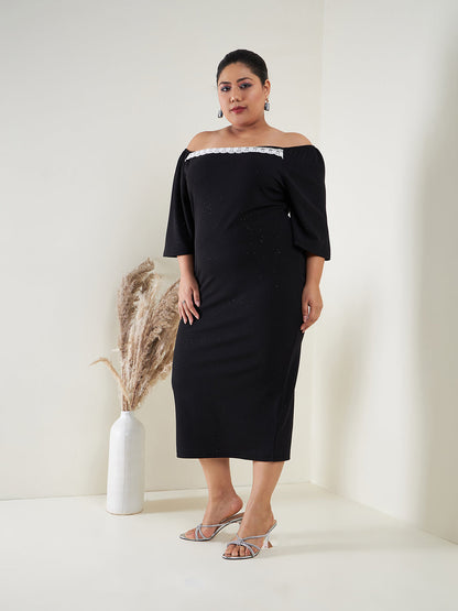 Black Glitter Off Shoulder Bodycon Midi Dress