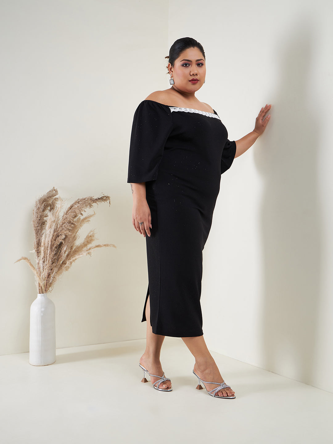 Black Glitter Off Shoulder Bodycon Midi Dress
