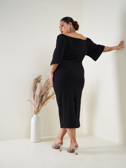 Black Glitter Off Shoulder Bodycon Midi Dress
