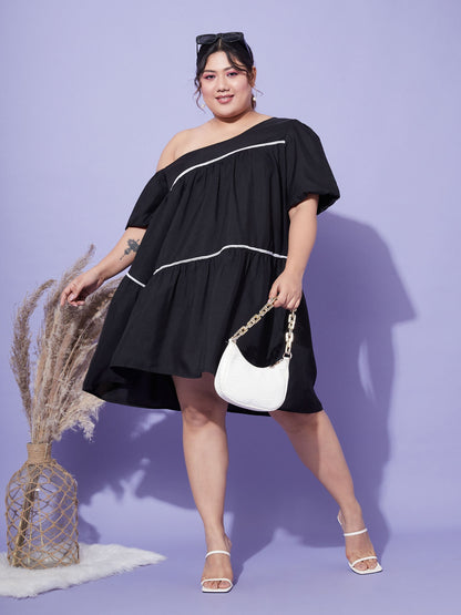 Black One Shoulder Loose Fit Short Dress
