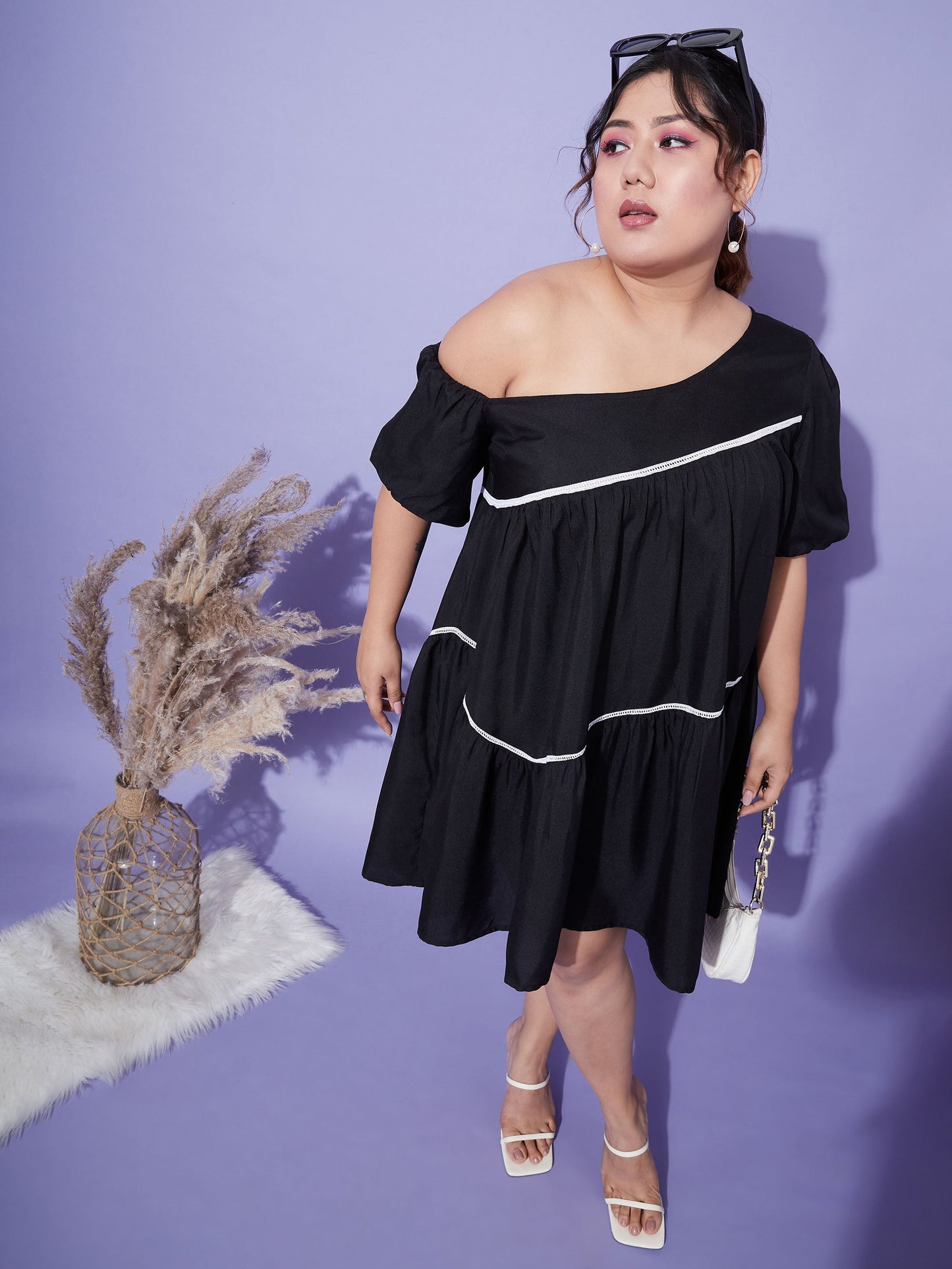 Black One Shoulder Loose Fit Short Dress