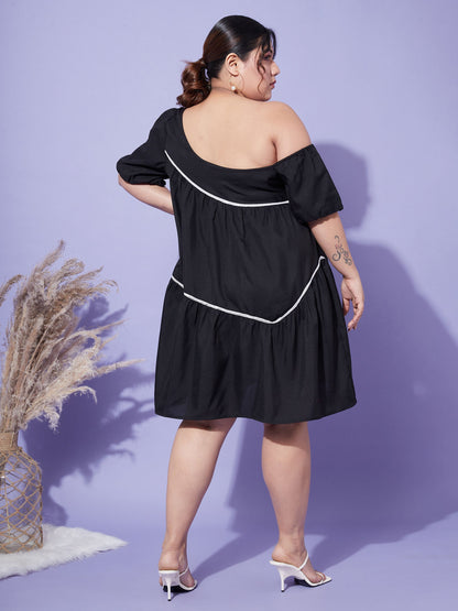 Black One Shoulder Loose Fit Short Dress