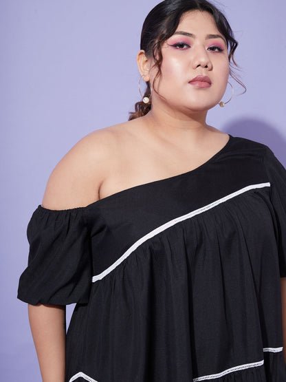 Black One Shoulder Loose Fit Short Dress