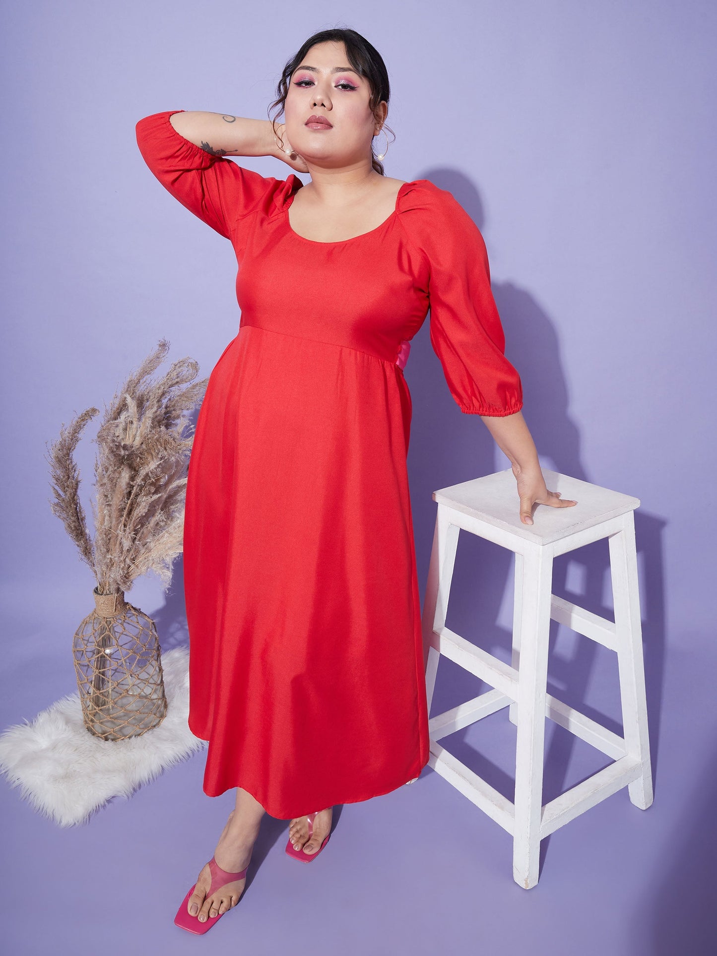 Red Back Tie-Up Midi Dress
