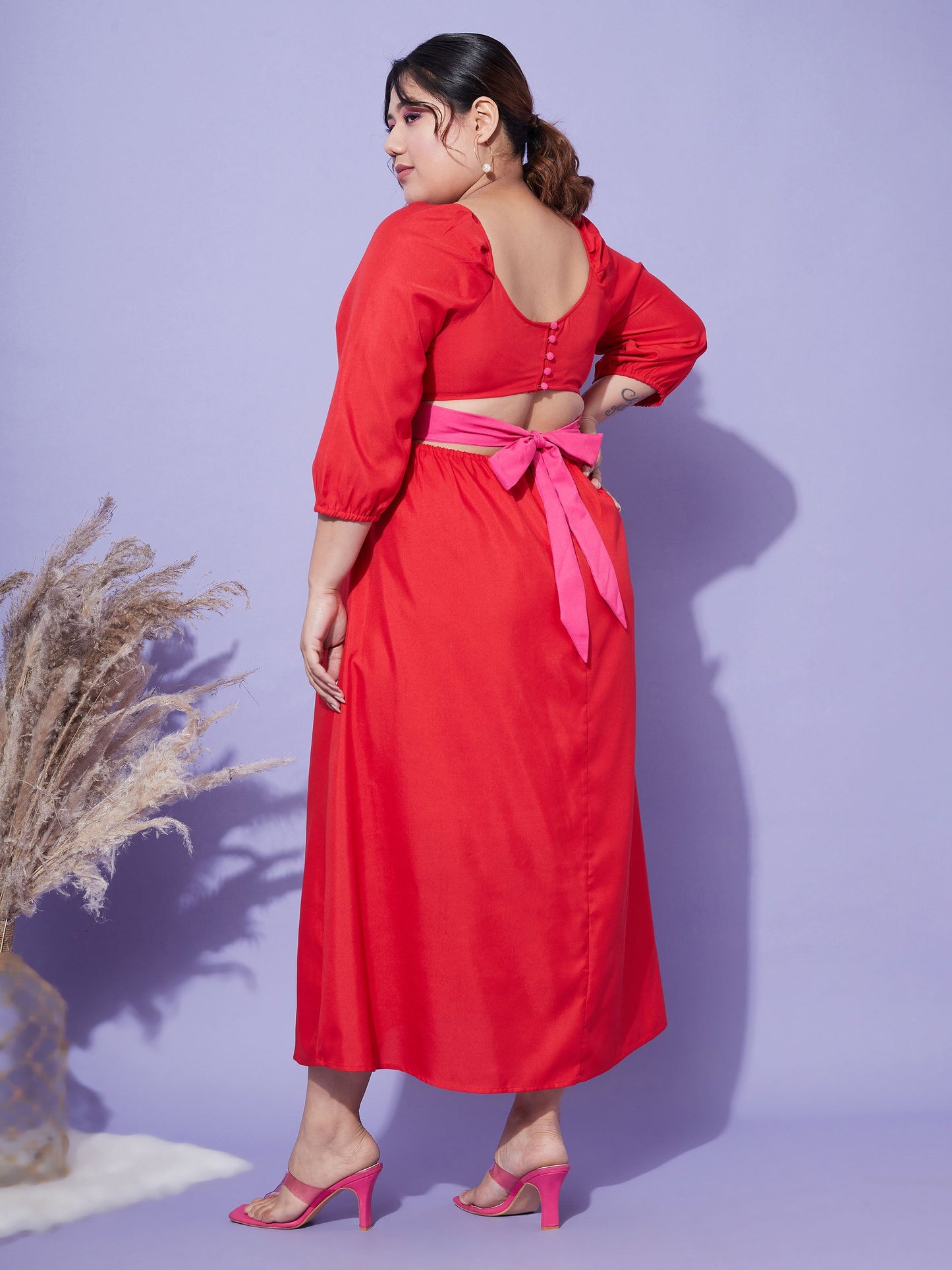 Red Back Tie-Up Midi Dress