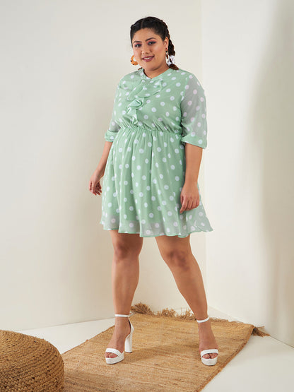 Sea Green Polka Dot Fit & Flare Ruffle Dress