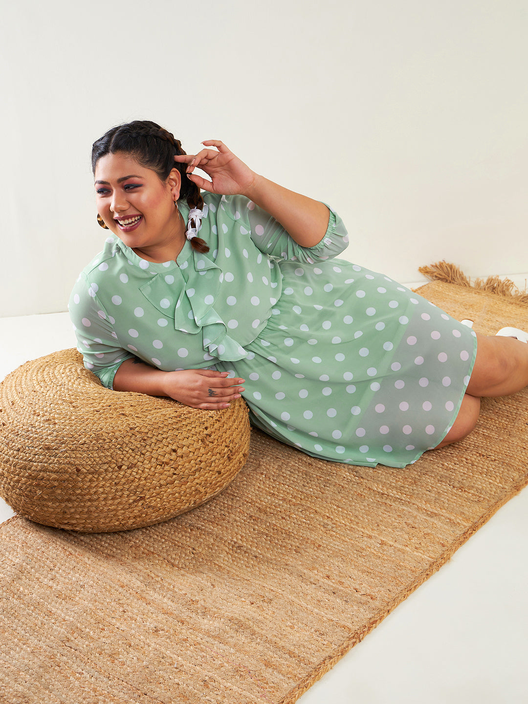 Sea Green Polka Dot Fit & Flare Ruffle Dress