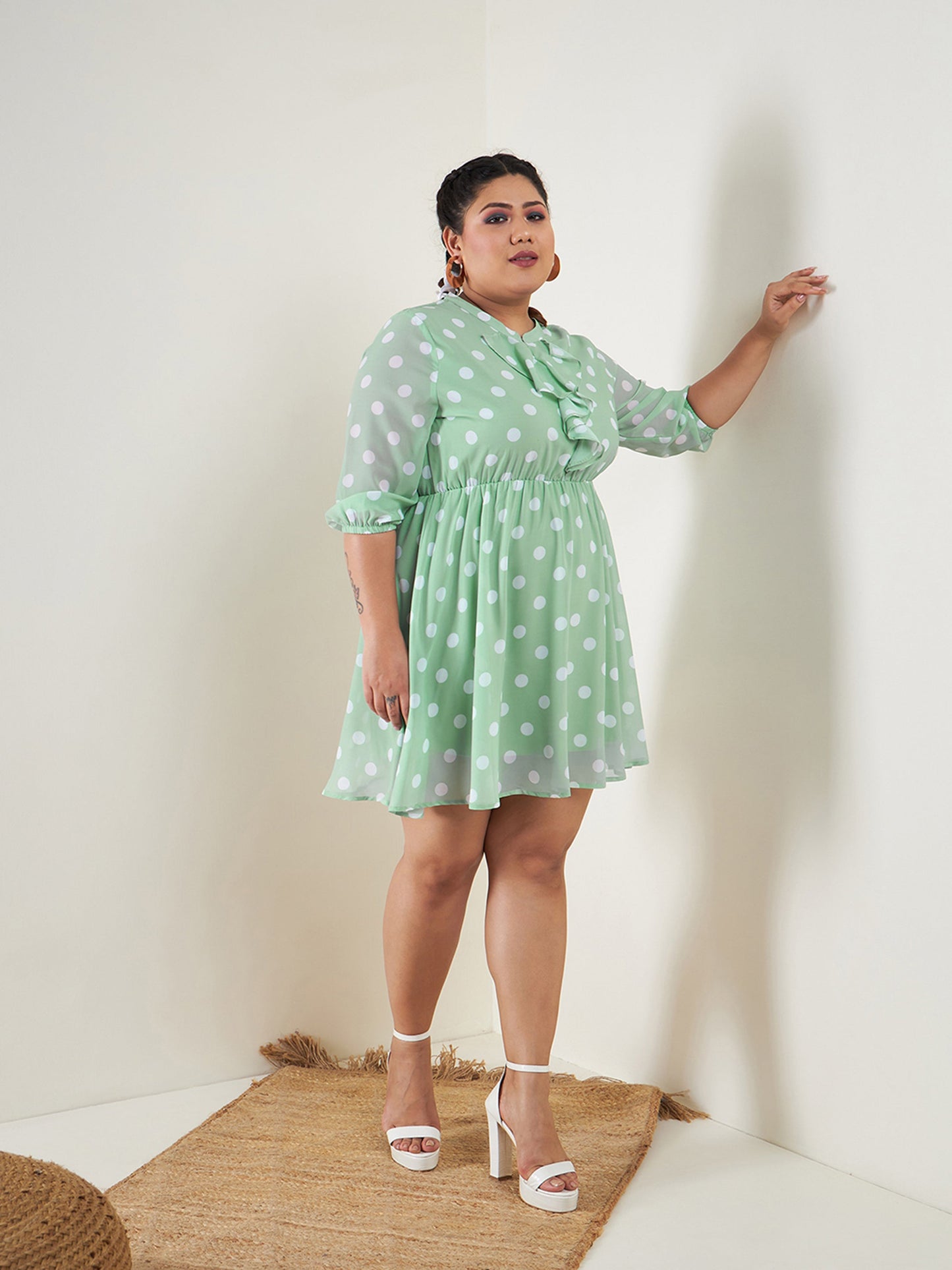 Sea Green Polka Dot Fit & Flare Ruffle Dress