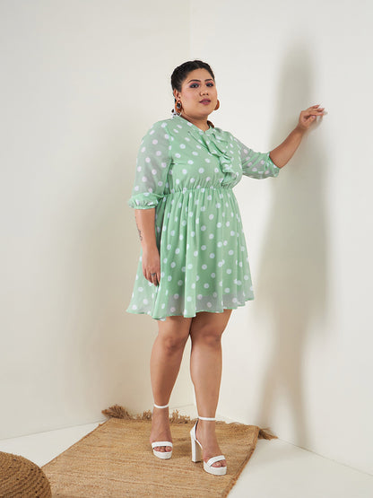 Sea Green Polka Dot Fit & Flare Ruffle Dress