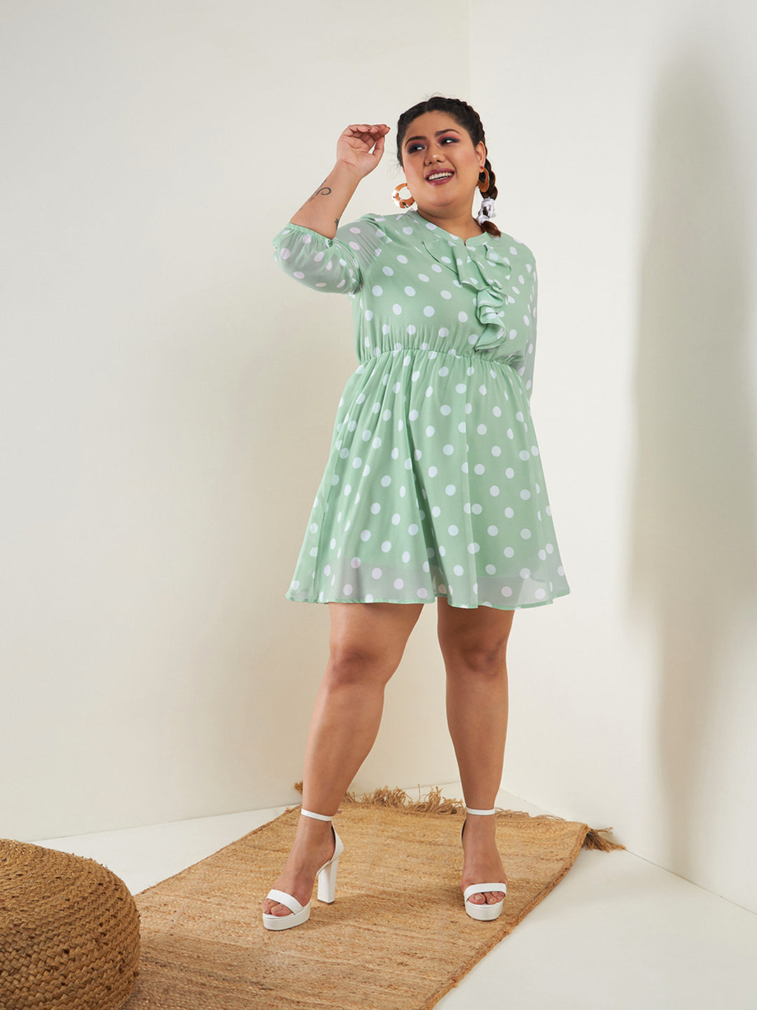 Sea Green Polka Dot Fit &amp; Flare Ruffle Dress
