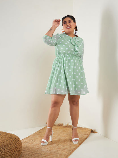 Sea Green Polka Dot Fit & Flare Ruffle Dress