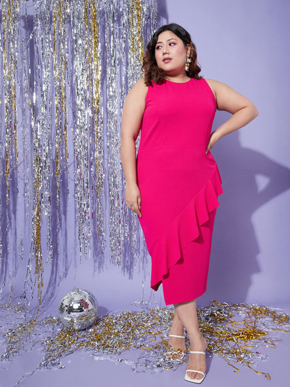 Plus size women's Fuchsia Karera Crepe Fuchsia One Side Frill Bodycon Dress by Sassafras Curve for wholesale buyers, boutiques, resellers and bulk