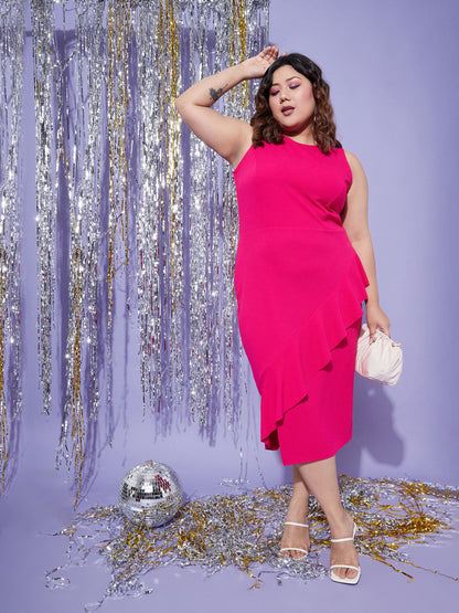 Fuchsia One Side Frill Bodycon Dress-SASSAFRAS Curve