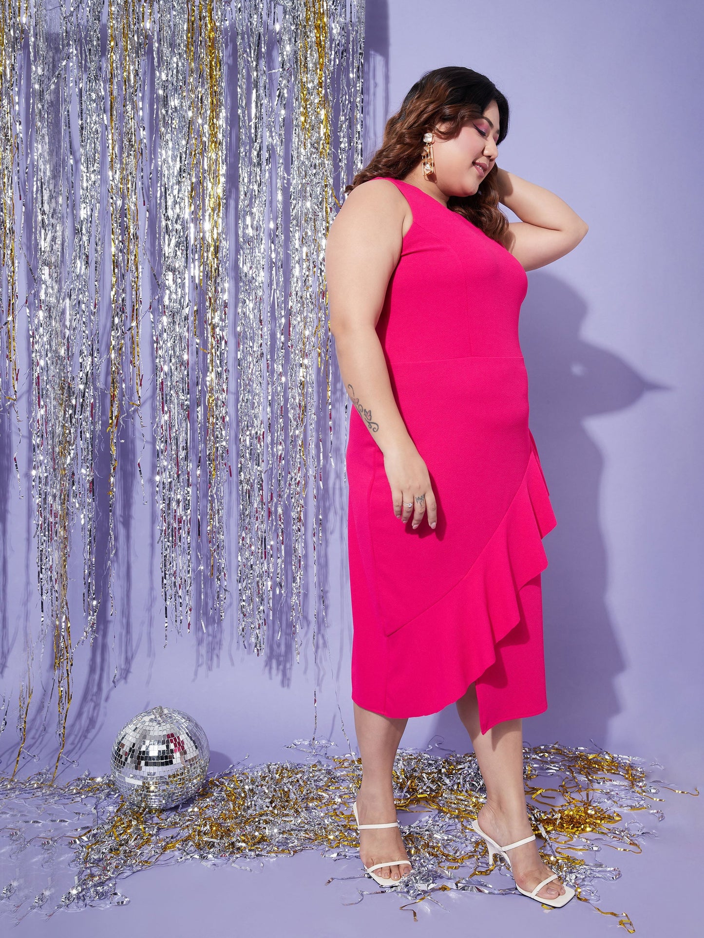 Fuchsia One Side Frill Bodycon Dress-SASSAFRAS Curve