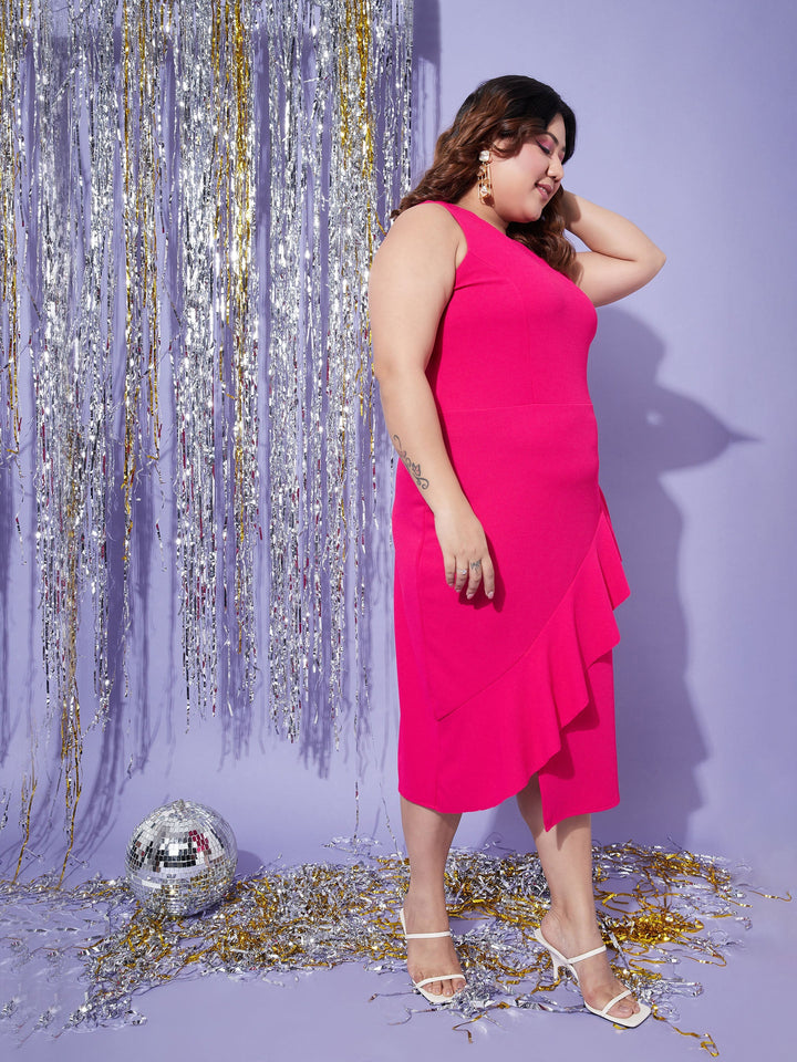 Fuchsia One Side Frill Bodycon Dress-SASSAFRAS Curve