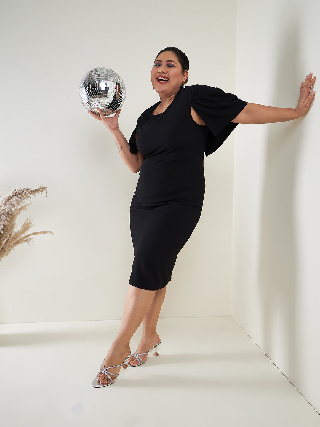 Plus size women's Black Karera Crepe Black Cape Sleeves Bodycon Midi Dress by Sassafras Curve for wholesale buyers, boutiques, resellers and bulk