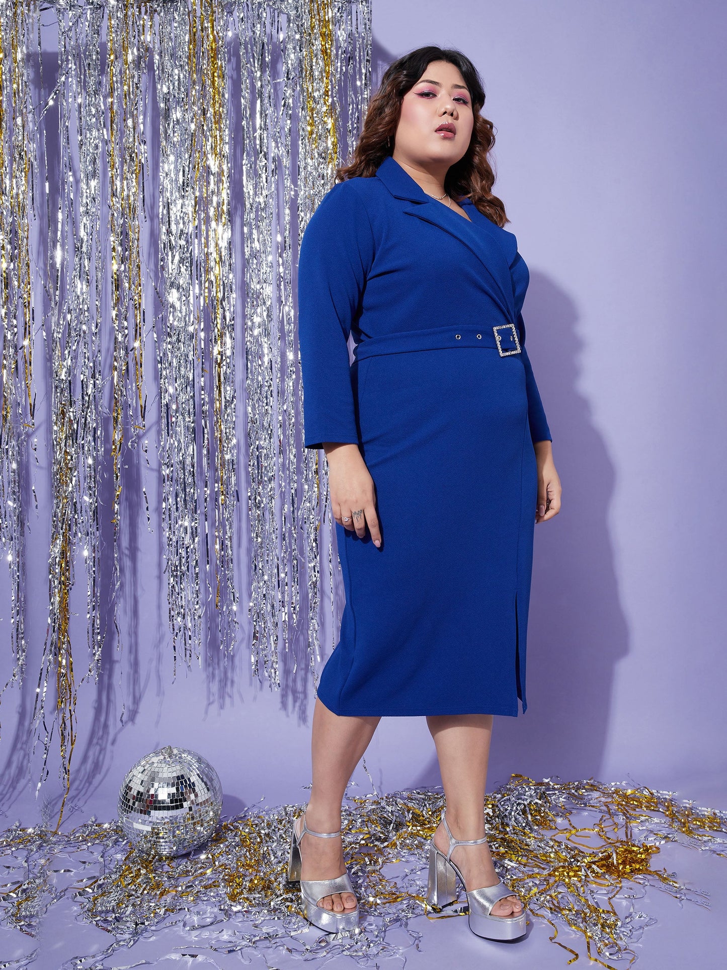 Royal Blue Notch Collar Belted Bodycon Dress-SASSAFRAS Curve