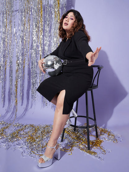 Black Notch Collar Belted Bodycon Dress-SASSAFRAS Curve