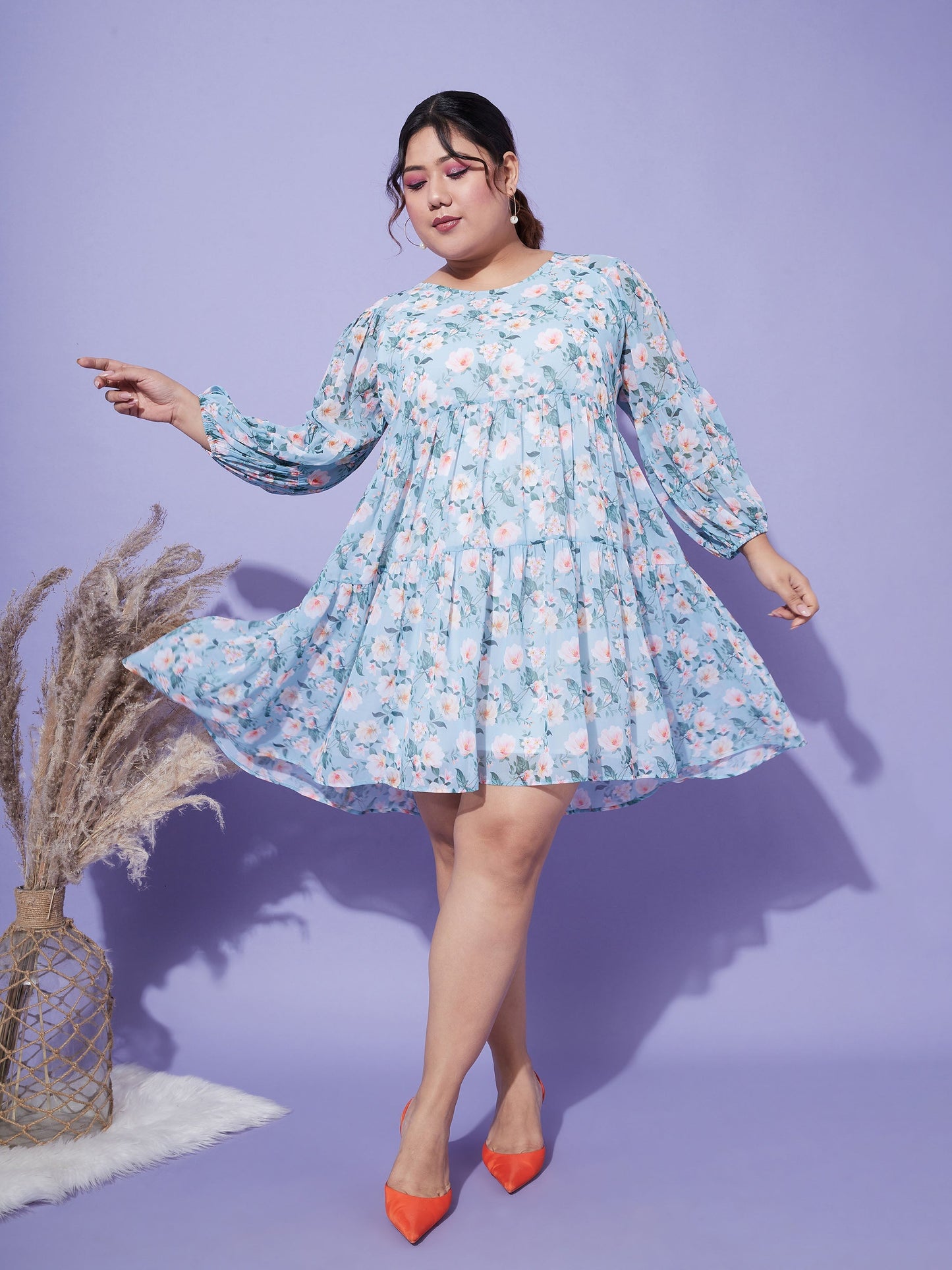 Turquoise Blue Floral Tiered Dress