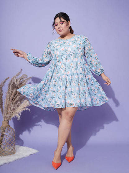 Turquoise Blue Floral Tiered Dress